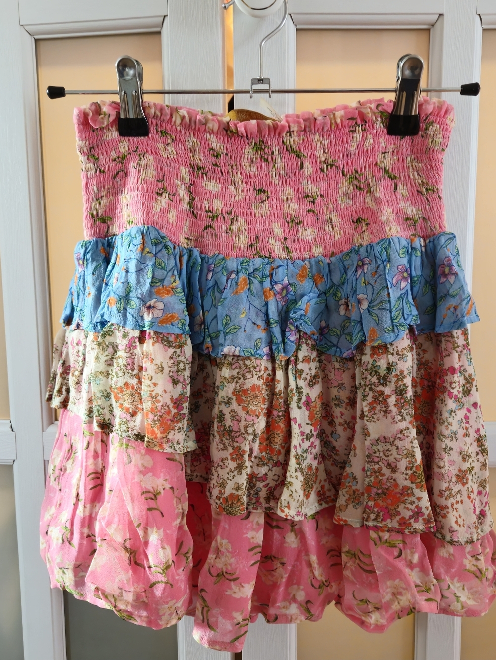 RAMY BROOK Floral Tiered Ruffle Skirt - Pink & Blue
